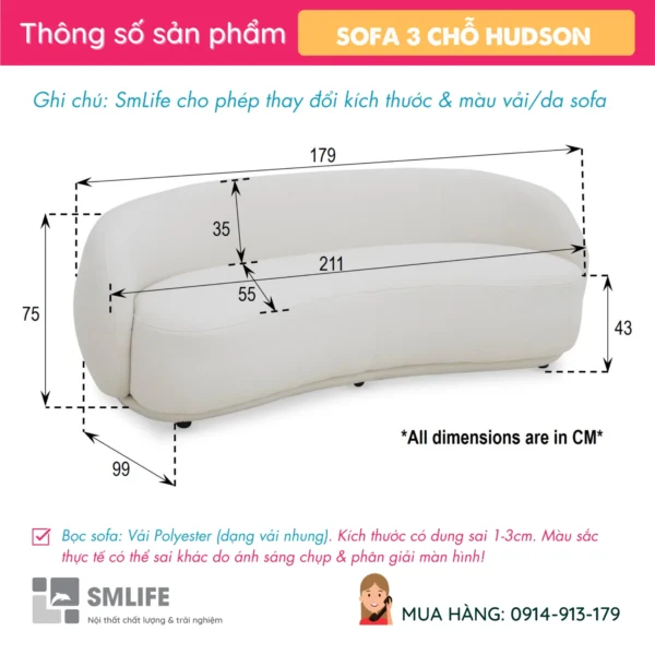 Sofa văng vải 3 chỗ tựa gối HUDSON (2)