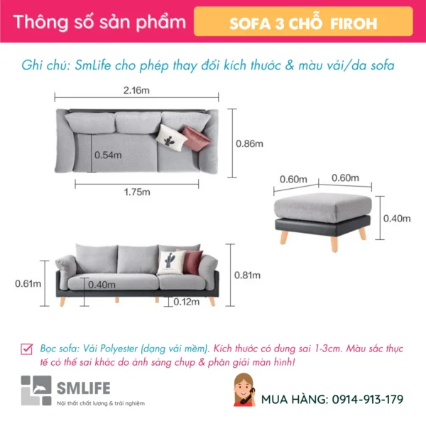 Sofa văng vải 3 chỗ tựa rời kèm ghế đôn FIROH (2)