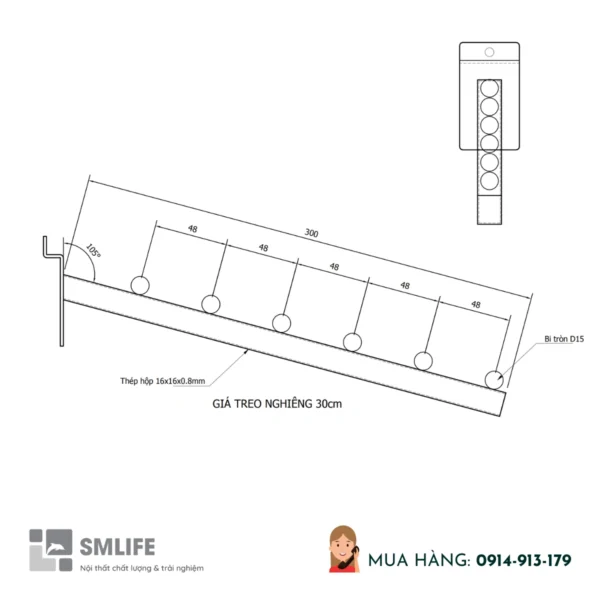 Gia treo nghieng 30cm trung bay cai Slatwall 3
