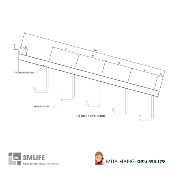 Gia treo nghieng 5 moc nguoc trung bay cai Slatwall 3