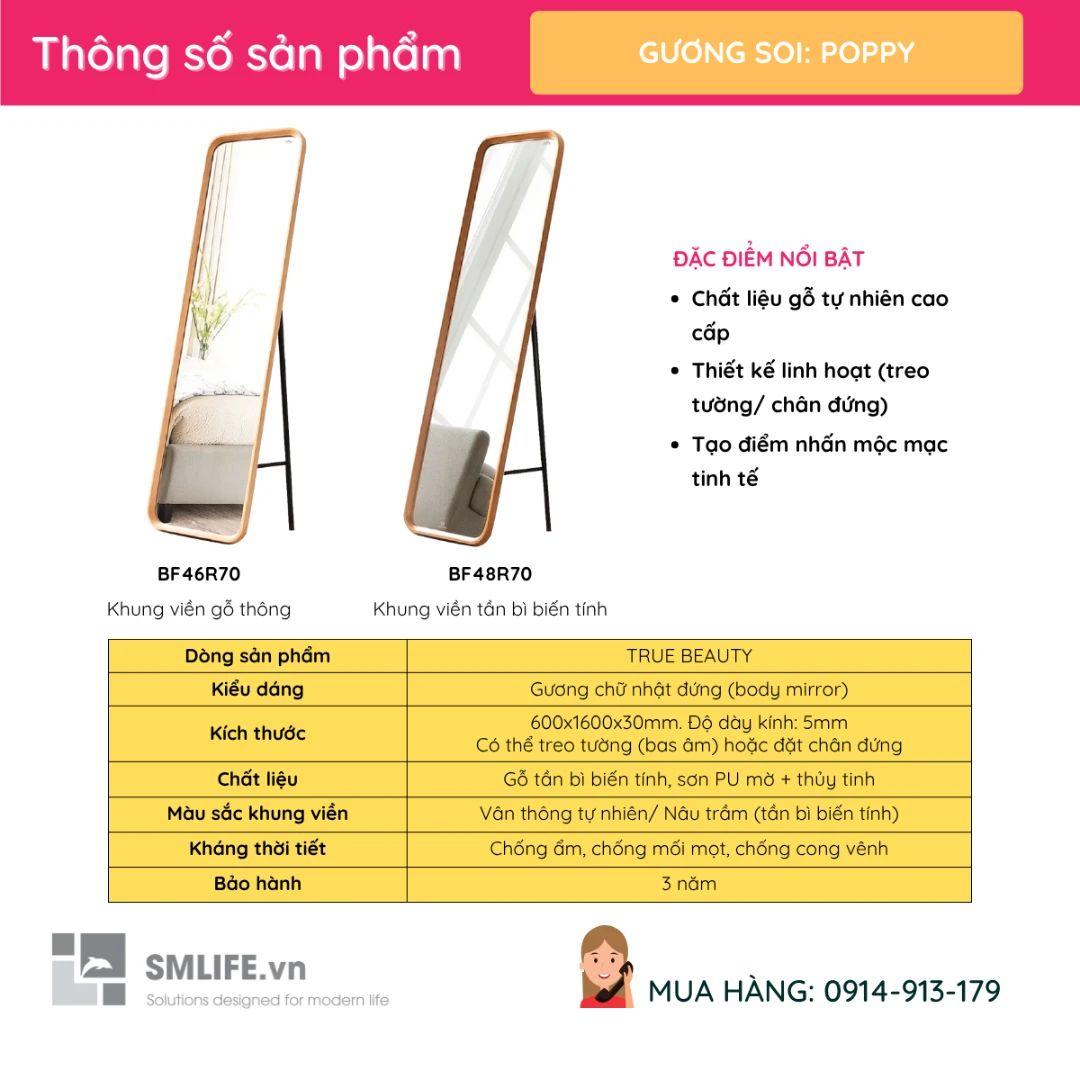 Guong dung vien go GLS 60x160cm POPPY 3 Guong dung vien go GLS 60x160cm POPPY 3