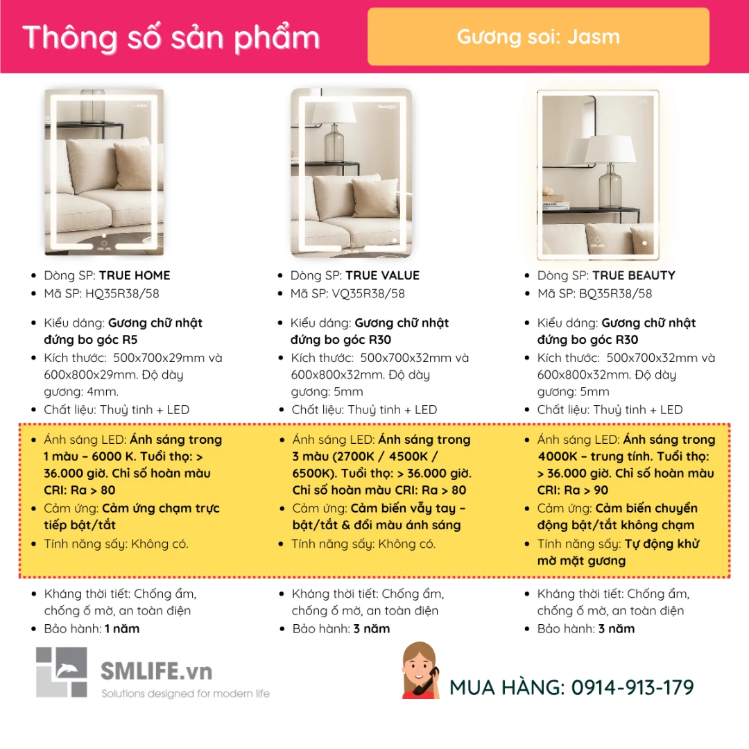 Guong led chu nhat GLS nhieu size JASM Guong led chu nhat GLS nhieu size JASM