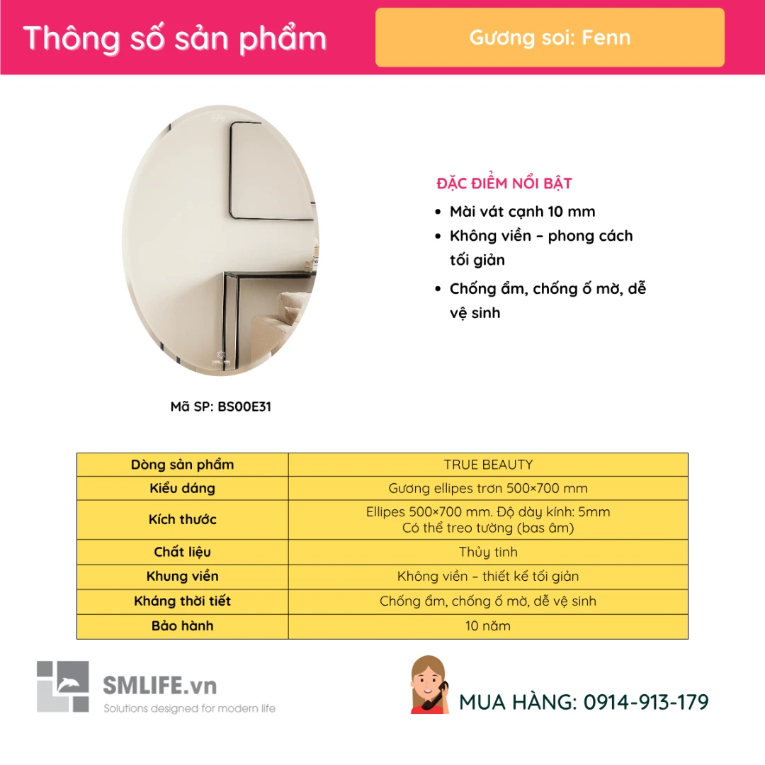 Guong soi hinh elip GLS 50x70cm FENN 2 Guong soi hinh elip GLS 50x70cm FENN 2