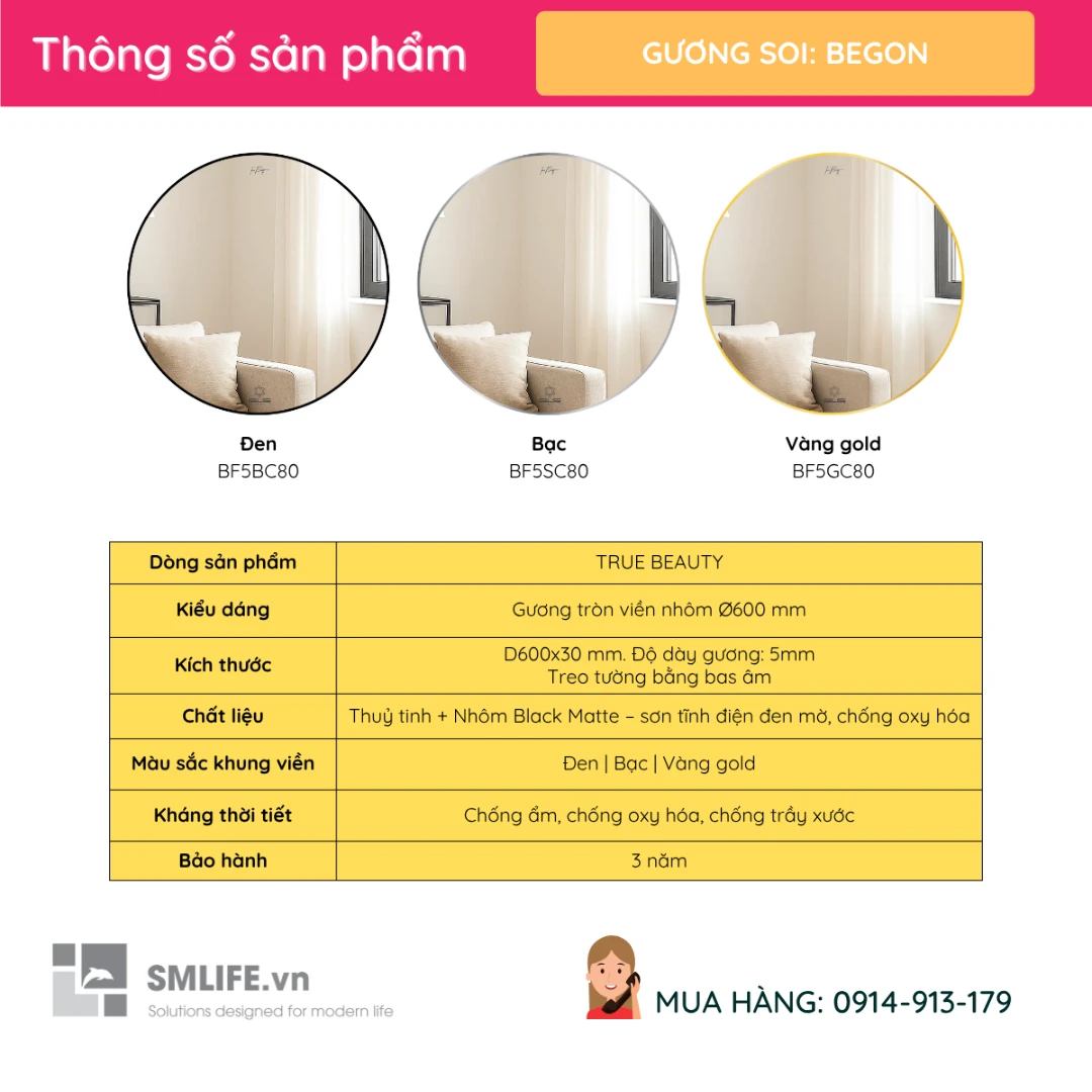 Guong soi hinh tron vien nhom xuoc GLS D60cm nhieu mau BEGON 2 Guong soi hinh tron vien nhom xuoc GLS D60cm nhieu mau BEGON 2