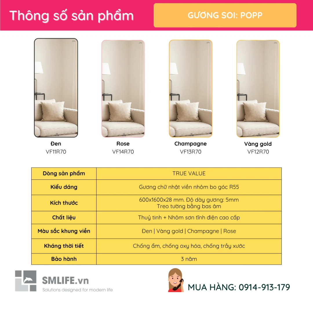 Guong soi toan than vien nhom GLS 60x160cm nhieu mau POPP 2 Guong soi toan than vien nhom GLS 60x160cm nhieu mau POPP 2