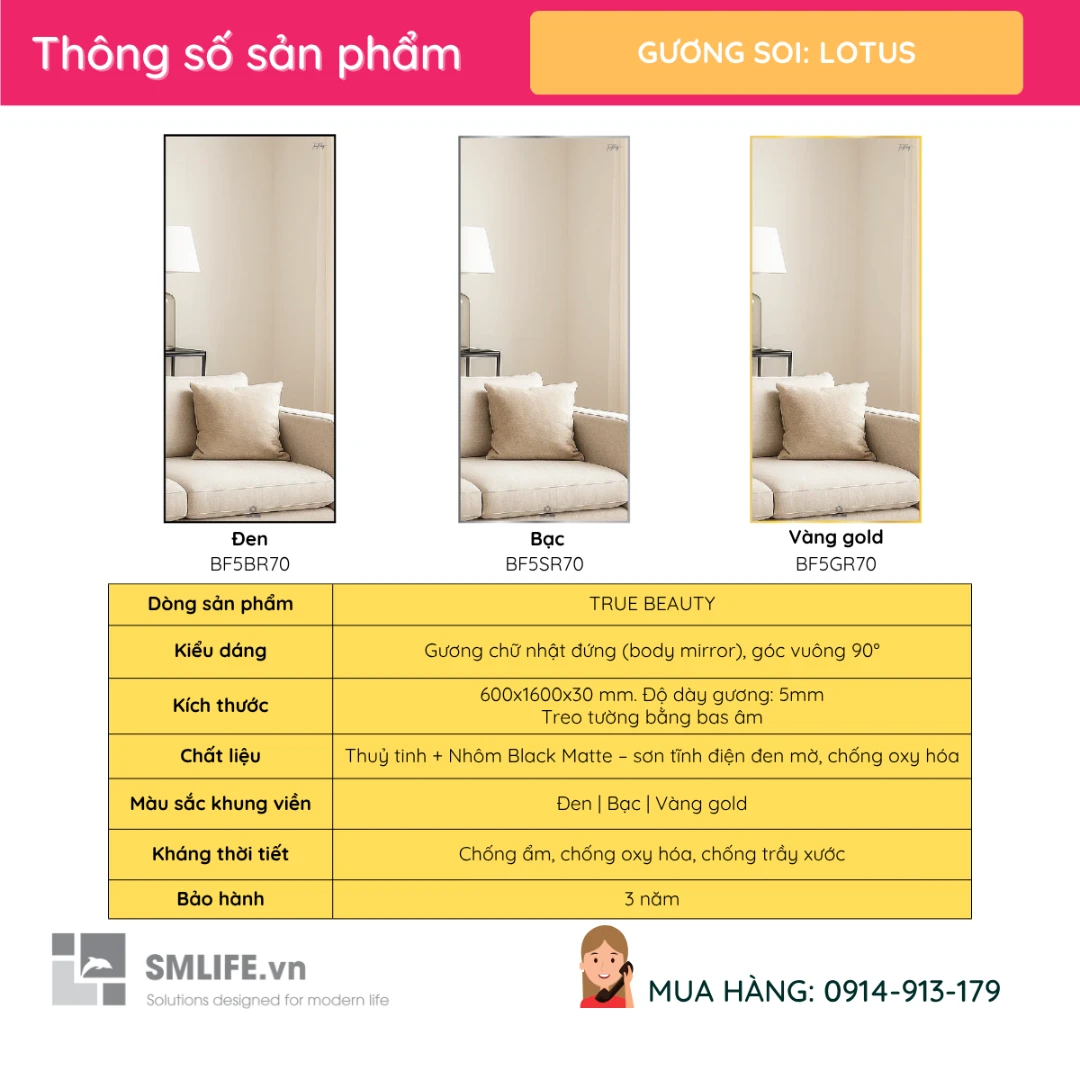 Guong soi toan than vien nhom xuoc GLS 60x160cm nhieu mau LOTUS 3 Guong soi toan than vien nhom xuoc GLS 60x160cm nhieu mau LOTUS 3
