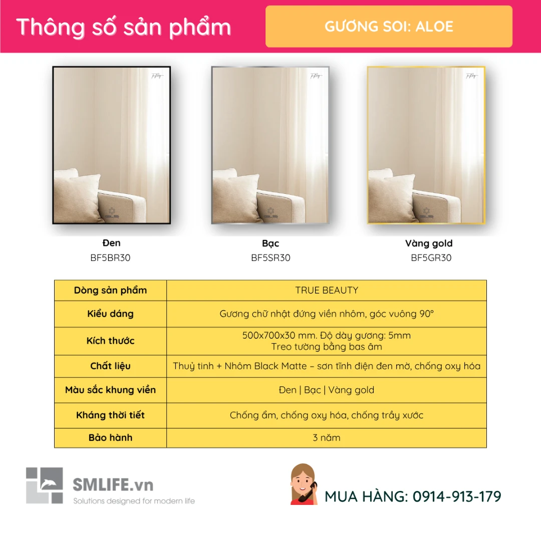 Guong vien nhom xuoc chu nhat GLS 50x70cm nhieu mau ALOE 6 Guong vien nhom xuoc chu nhat GLS 50x70cm nhieu mau ALOE 6