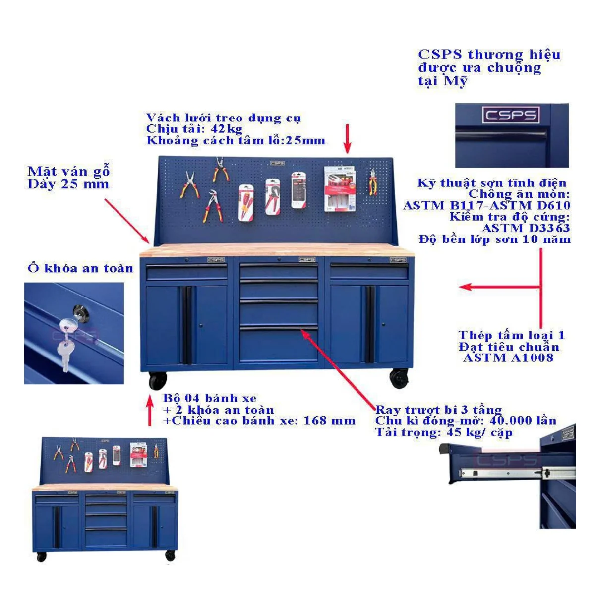 Ban nguoi co khi CSPS 183cm 3 tu 6 hoc keo 6 Bàn nguội cơ khí CSPS 183cm, 3 tủ 6 hộc kéo kèm vách Pegboard - Ảnh 3