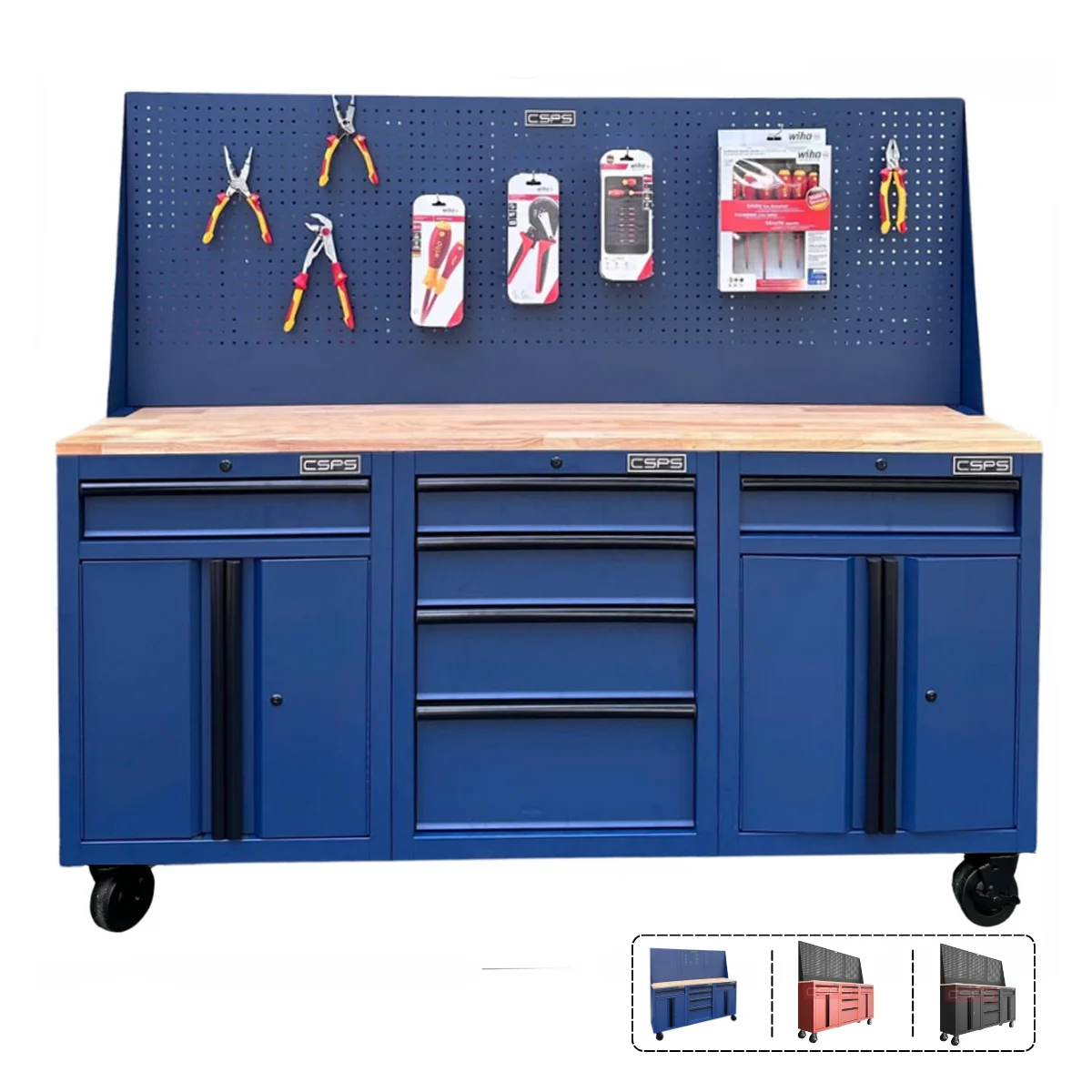 Ban nguoi co khi CSPS 183cm 3 tu 6 hoc keo Bàn nguội cơ khí CSPS 183cm, 3 tủ 6 hộc kéo kèm vách Pegboard