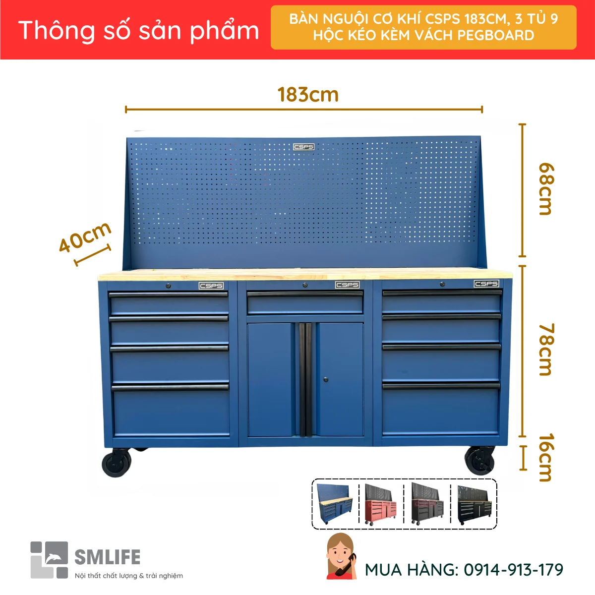 Ban nguoi co khi CSPS 183cm 3 tu 9 hoc keo kem vach pegboard 1 Ban nguoi co khi CSPS 183cm 3 tu 9 hoc keo kem vach pegboard 1