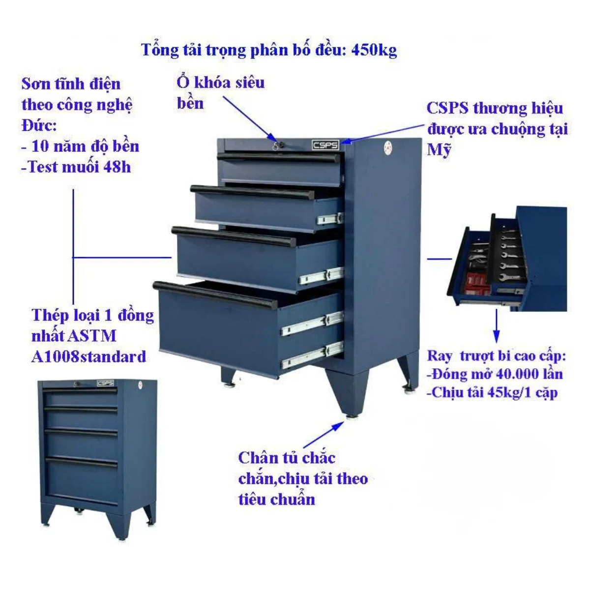 Tu do nghe sua chua o to CSPS 61cm mau xanh – 04 hoc keo 2 Tủ đồ nghề sửa chữa ô tô CSPS 61cm - 04 hộc kéo - Ảnh 3