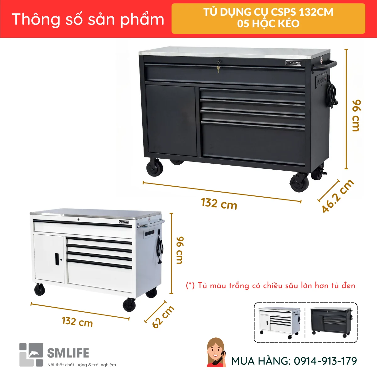 Tu dung dung cu sua chua CSPS 132cm – 05 hoc keo 2 Tủ đựng dụng cụ sửa chữa CSPS 132cm - 05 hộc kéo - Ảnh 2