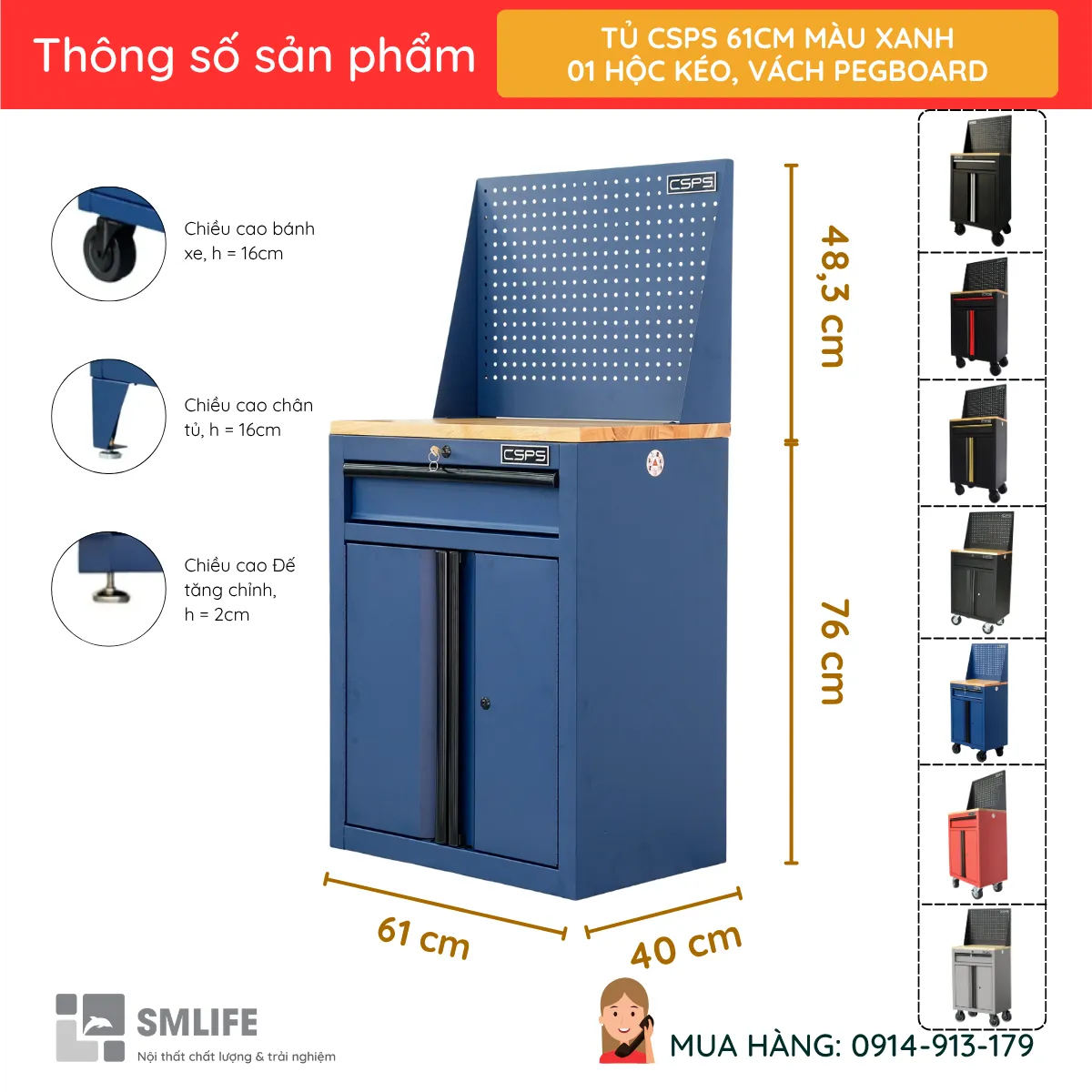 Tu dung dung cu sua chua CSPS 61cm mau xanh – 01 hoc keo vach pegboard 2 Tủ đựng dụng cụ sửa chữa CSPS 61cm - 01 hộc kéo, vách pegboard - Ảnh 2