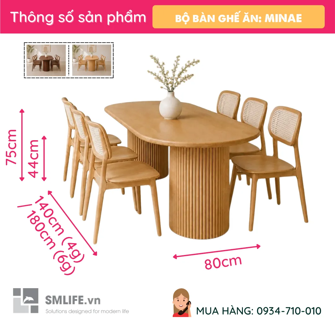 Bo ban an oval 4 6 ghe go tu nhien Minae 8 Bộ bàn ăn oval 4-6 ghế gỗ tự nhiên Minai - Ảnh 2