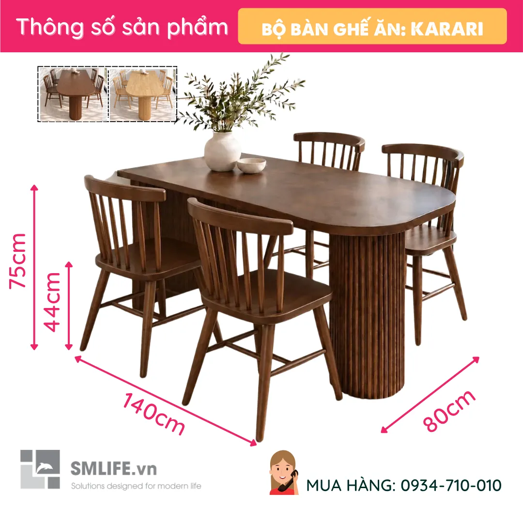 Bo ban an oval 4 ghe go tu nhien Karari 7 Bộ bàn ăn oval 4 ghế gỗ tự nhiên Karari - Ảnh 2